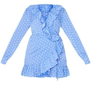 Pretty little thing Plus Dusty Blue Polka Dot Frill Detail Mini Wrap Dress